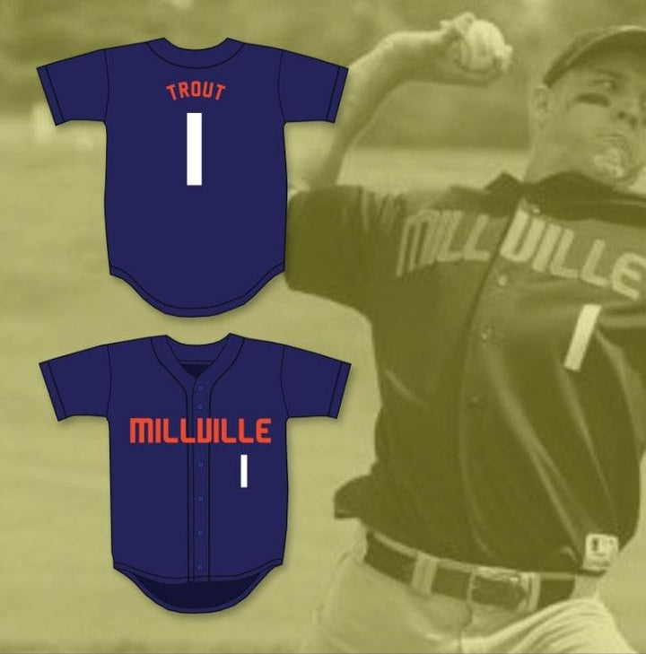 Custom Any Name Number MIKE TROUT 1  SENIOR HIGH SCHOOL THUNDERBOLTS NAVY BLUE BASEBALL JERSEY 2 Top Stitched S-6XL