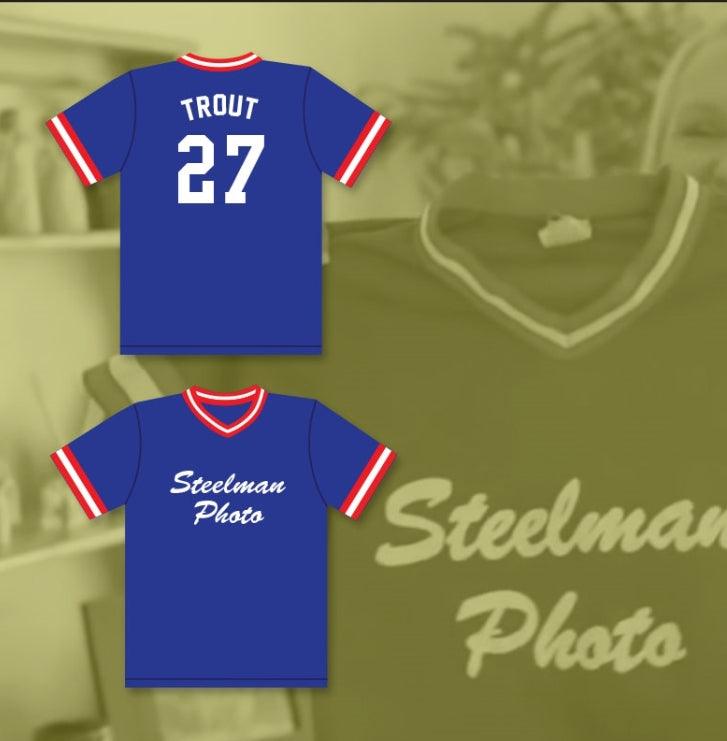 Custom Any Name Number MIKE TROUT 27 STEELMAN PHOTO LITTLE LEAGUE BLUE BASEBALL JERSEY 2 Top Stitched S-6XL