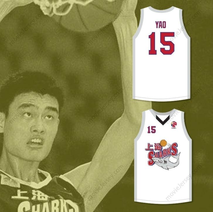 CUSTOM ANY Name Number YAO MING 15 SHANGHAI SHARKS ALTERNATE WHITE BASKETBALL JERSEY WITH CBA PATCH Top Stitched S-6XL