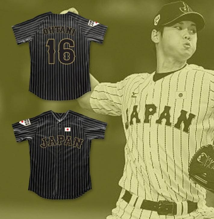 Custom Any Name Number SHOHEI OHTANI 16 JAPAN SAMURAI BLACK PINSTRIPED BASEBALL JERSEY Top Stitched S-6XL