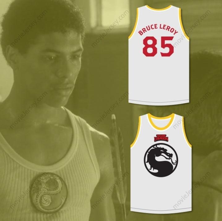 CUSTOM ANY Name Number BRUCE LEROY GREEN 85 MORTAL KOMBAT THE LAST DRAGON WHITE WITH RED GRAPHICS JERSEY AND EMBROIDERED PATCH Top Stitched S-6XL