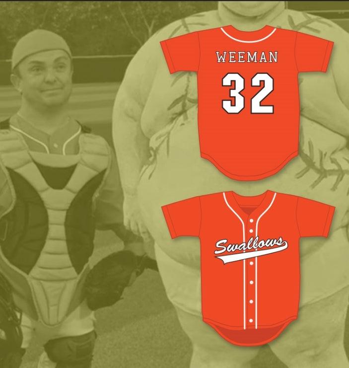 Custom Any Name Number WEE MAN 32 SWALLOWS PLAY BALL ORANGE BASEBALL JERSEY Top Stitched S-6XL