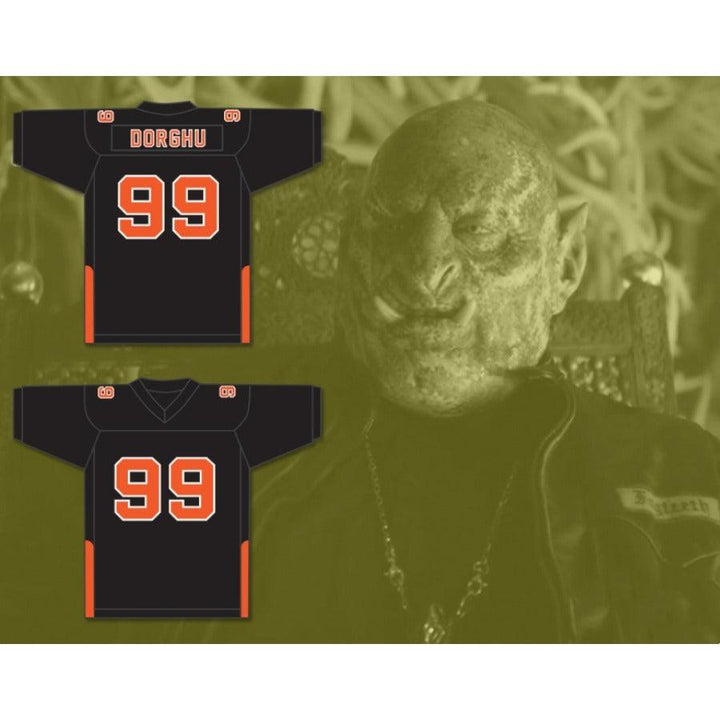 CUSTOM ANY WITH PATCHES ORC FOGTEETH DORGHU 99 ORANGE/BLACK FOOTBALL JERSEY Top Stitched S-6XL