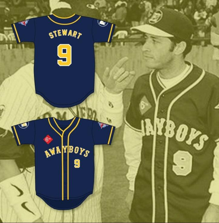 Custom Any Name Number JON STEWART 9 AWAYBOYS BASEBALL JERSEY 6TH ANNUAL ROCK N' JOCK SOFTBALL CHALLENGE 1995 Top Stitched S-6XL