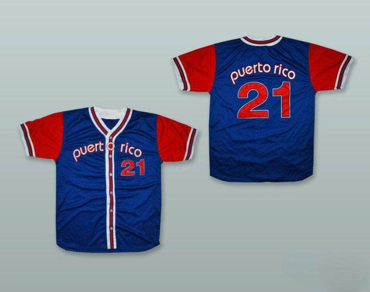 Custom Any Name Number PUERTO RICO 21 BLUE BUTTON DOWN BASEBALL JERSEY Top Stitched S-6XL