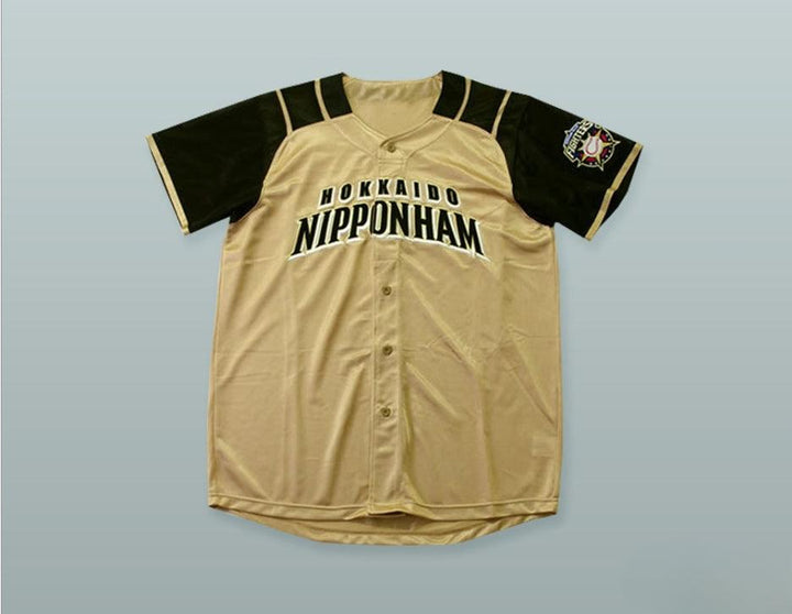 Custom Any Name Number KOHEI ARIHARA 16 HOKKAIDO NIPPON-HAM FIGHTERS BUTTON DOWN TAN BASEBALL JERSEY WITH PATCH Top Stitched S-6XL