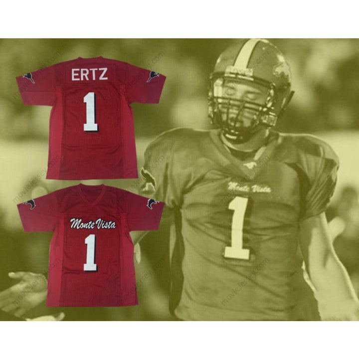 CUSTOM ANY Name Number ZACH ERTZ 1 MONTE VISTA HIGH SCHOOL MUSTANGS RED FOOTBALL JERSEY Top Stitched S-6XL