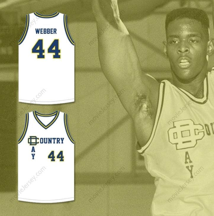 CUSTOM ANY Name Number CHRIS WEBBER 44 DETROIT COUNTRY DAY SCHOOL YELLOWJACKETS WHITE BASKETBALL JERSEY1 Top Stitched S-6XL