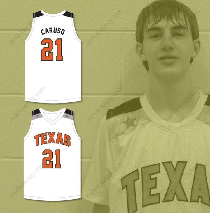 CUSTOM ANY Name Number ALEX CARUSO 21 TEXAS D1 AMBASSADORS  WHITE BASKETBALL JERSEY 1 Top Stitched S-6XL