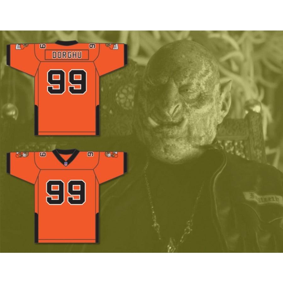 CUSTOM ANY WITH PATCHES ORC FOGTEETH DORGHU 99 ORANGE/BLACK FOOTBALL JERSEY Top Stitched S-6XL