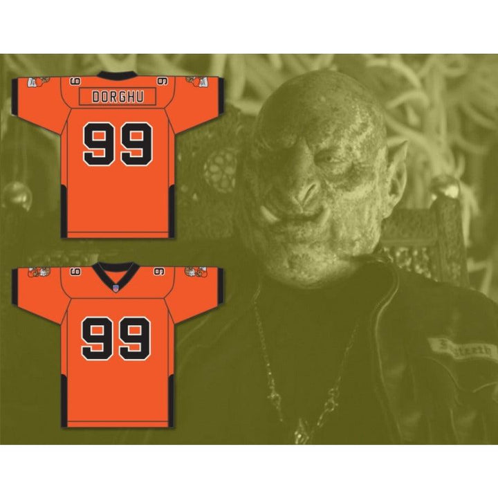 CUSTOM ANY WITH PATCHES ORC FOGTEETH DORGHU 99 ORANGE/BLACK FOOTBALL JERSEY Top Stitched S-6XL