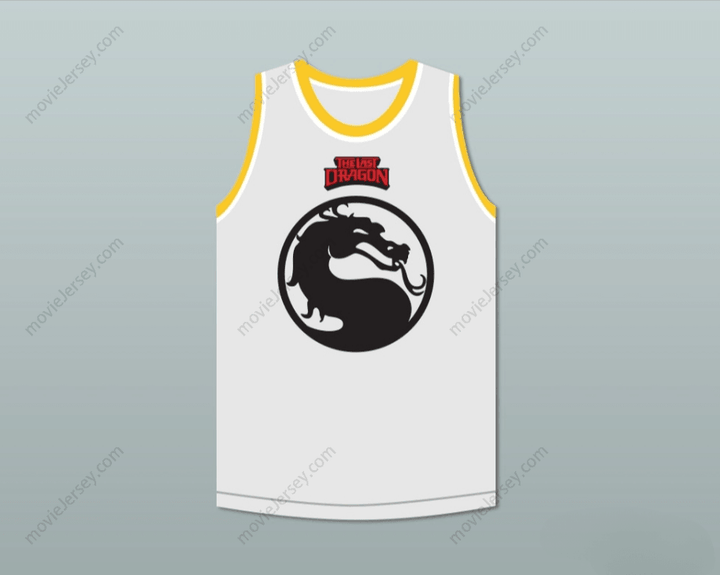 CUSTOM ANY Name Number BRUCE LEROY GREEN 85 MORTAL KOMBAT THE LAST DRAGON WHITE WITH YELLOW GRAPHICS JERSEY AND EMBROIDERED PATCH Top Stitched S-6XL
