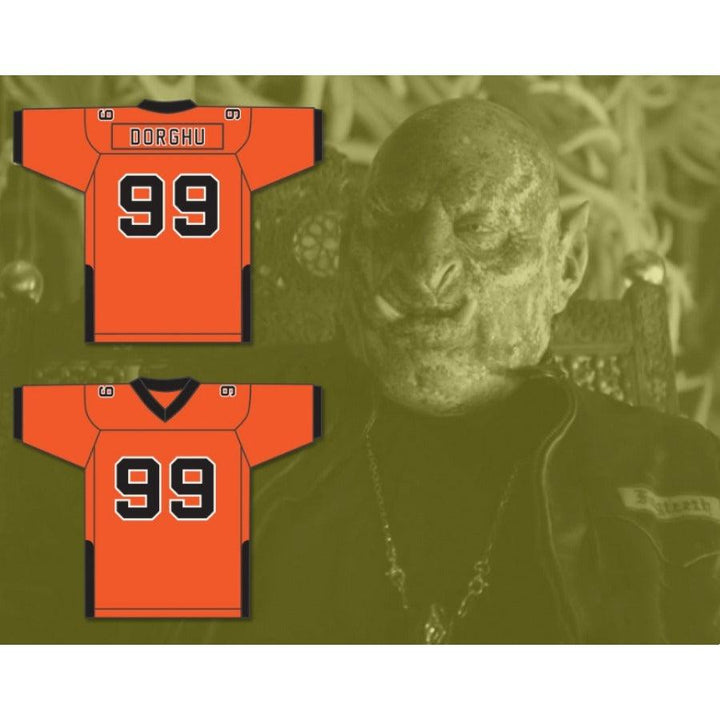 CUSTOM ANY WITH PATCHES ORC FOGTEETH DORGHU 99 ORANGE/BLACK FOOTBALL JERSEY Top Stitched S-6XL