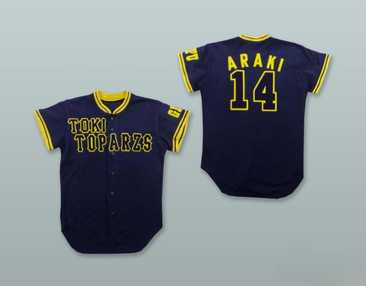 Custom Any Name Number ARAKI 14 TOKI TOPARZS GIFU NAVY BLUE BUTTON DOWN BASEBALL JERSEY Top Stitched S-6XL