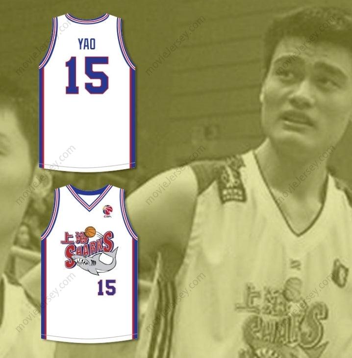 CUSTOM ANY Name Number YAO MING 15 SHANGHAI SHARKS WHITE BASKETBALL JERSEY WITH CBA PATCH Top Stitched S-6XL