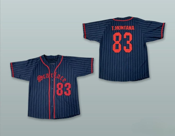Custom Any Name Number TONY MONTANA 83 SCARFACE NAVY BLUE PINSTRIPED BASEBALL JERSEY Top Stitched S-6XL