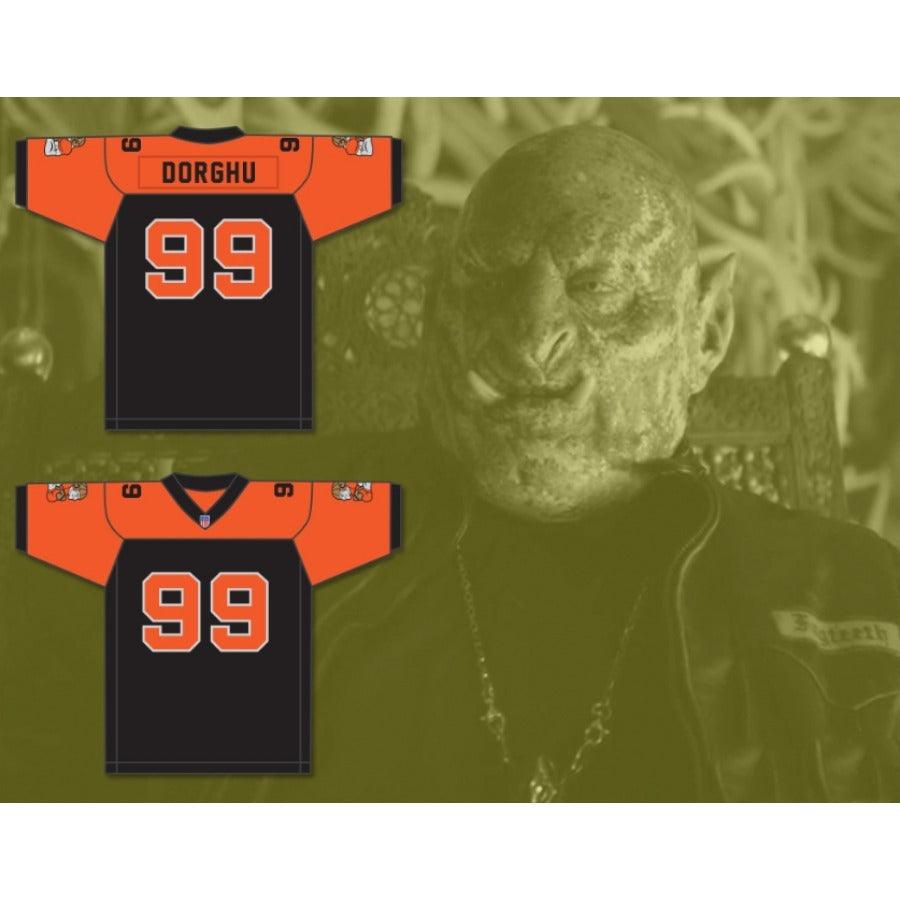 CUSTOM ANY WITH PATCHES ORC FOGTEETH DORGHU 99 ORANGE/BLACK FOOTBALL JERSEY Top Stitched S-6XL