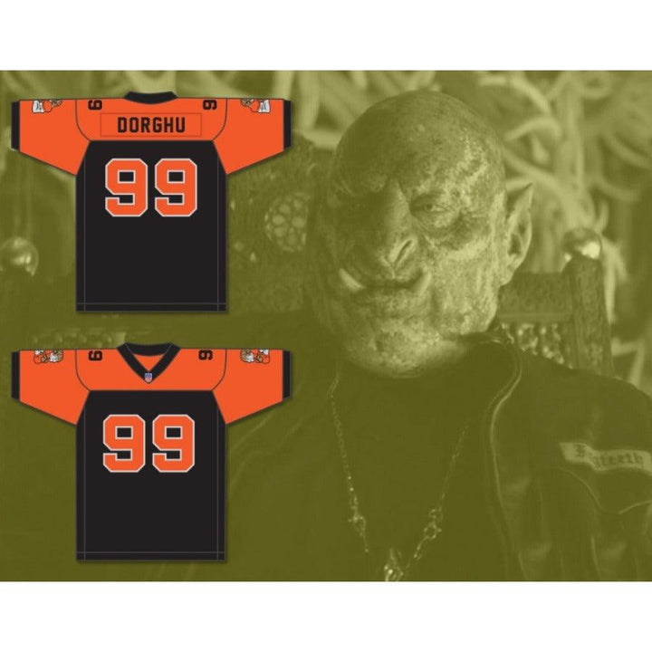 CUSTOM ANY WITH PATCHES ORC FOGTEETH DORGHU 99 ORANGE/BLACK FOOTBALL JERSEY Top Stitched S-6XL