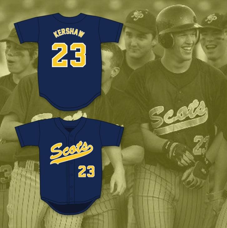 Custom Any Name Number CLAYTON KERSHAW 23 HIGHLAND PARK HIGH SCHOOL SCOTS NAVY BLUE BASEBALL JERSEY 2 Top Stitched S-6XL
