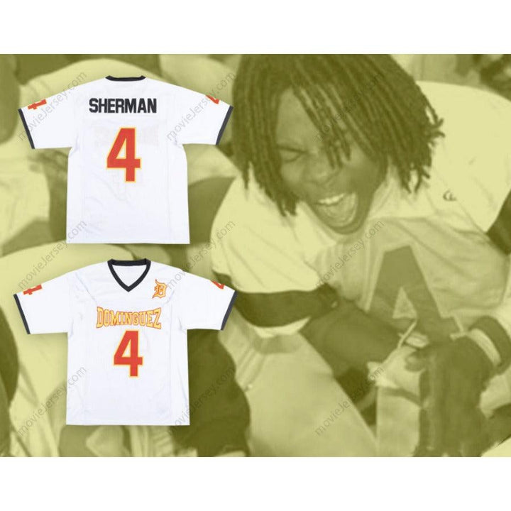 CUSTOM ANY Name Number RICHARD SHERMAN 4 MANUEL DOMINGUEZ HIGH SCHOOL WHITE FOOTBALL JERSEY Top Stitched S-6XL