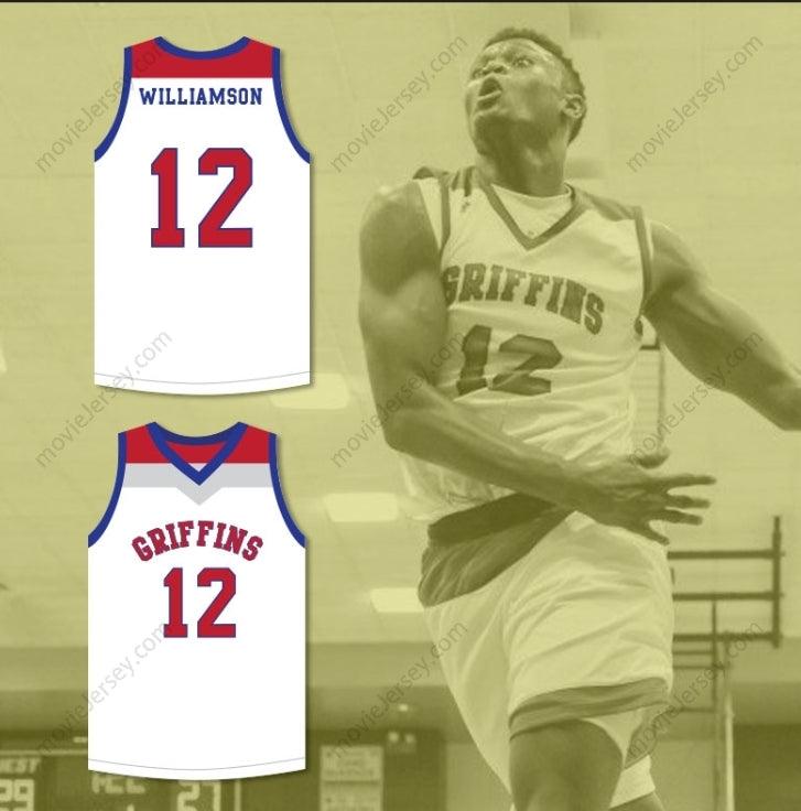CUSTOM ANY Name Number ZION WILLIAMSON 12  DAY SCHOOL GRIFFINS WHITE BASKETBALL JERSEY 4 Top Stitched S-6XL