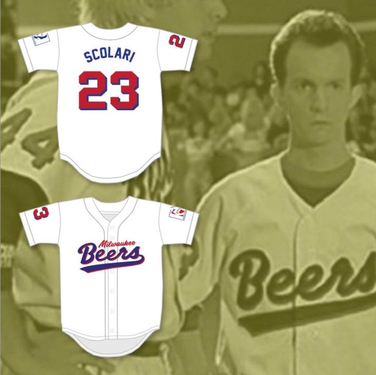 Custom Any Name Number KENNY SCOLARI 23  BEERS DELUXE BASEKETBALL WHITE BASEBALL JERSEY Top Stitched S-6XL