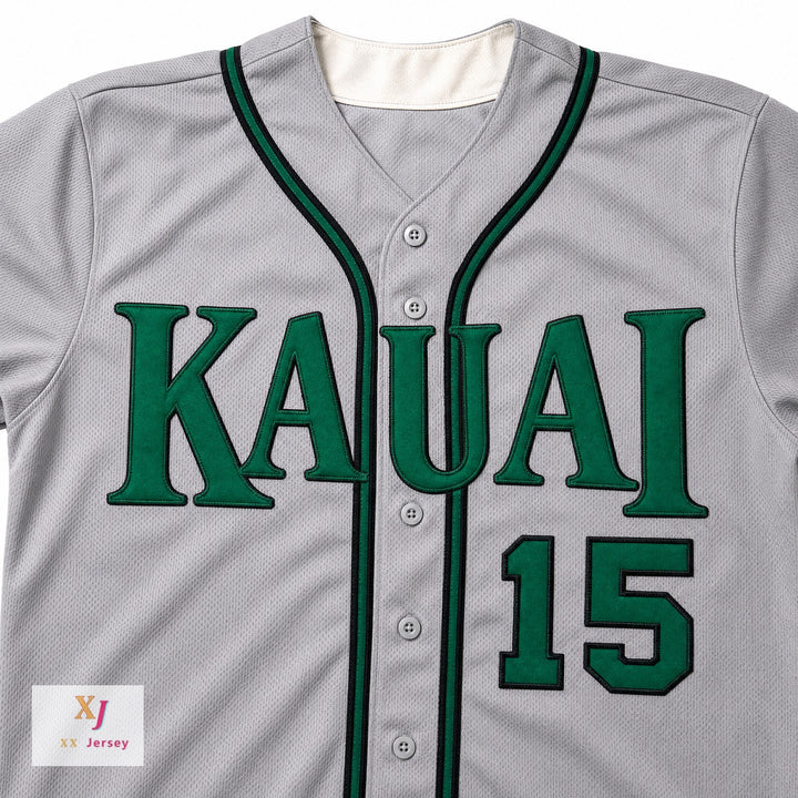 Custom Any Name Number KAUAI EMERALDS  15 GRAY BUTTON DOWN BASEBALL JERSEY Top Stitched S-6XL