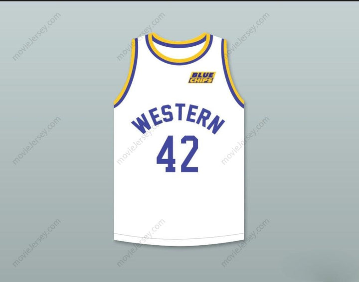 CUSTOM ANY Name Number MATT NOVER RICKY ROE 42   WHITE BASKETBALL JERSEY WITH BLUE CHIPS PATCH Top Stitched S-6XL