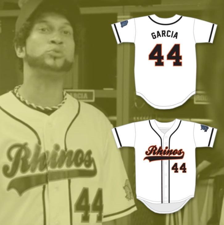 Custom Any Name Number GARCIA 44 RHINOS WHITE BASEBALL JERSEY WITH PATCH KEY & PEELE SLAP ASS Top Stitched S-6XL