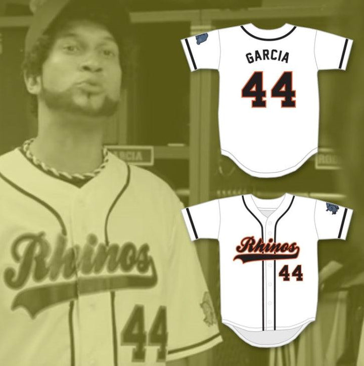Custom Any Name Number GARCIA 44 RHINOS WHITE BASEBALL JERSEY WITH PATCH KEY & PEELE SLAP ASS Top Stitched S-6XL