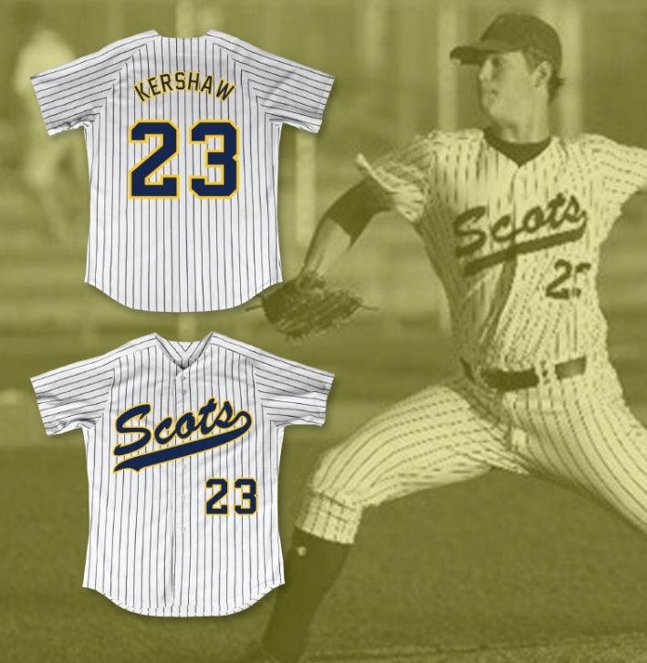 Custom Any Name Number CLAYTON KERSHAW 23 HIGHLAND PARK HIGH SCHOOL SCOTS WHITE PINSTRIPED BASEBALL JERSEY 2 Top Stitched S-6XL