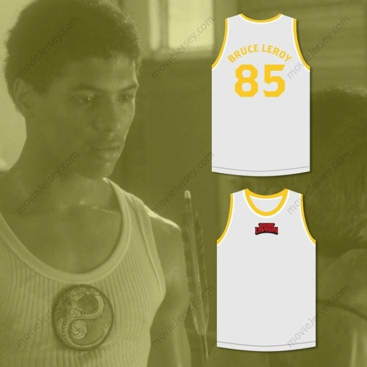 CUSTOM ANY Name Number BRUCE LEROY GREEN 85 THE LAST DRAGON WHITE WITH YELLOW GRAPHICS JERSEY AND EMBROIDERED PATCH Top Stitched S-6XL