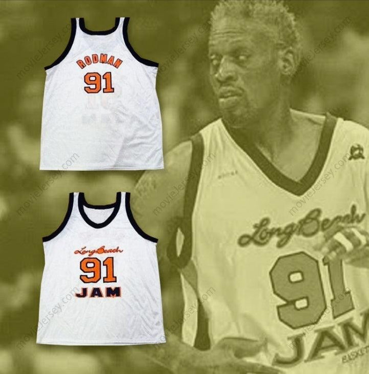 CUSTOM ANY Name Number DENNIS RODMAN 91 LONG BEACH JAM WHITE BASKETBALL JERSEY Top Stitched S-6XL