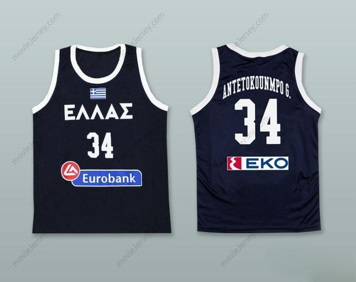 CUSTOM ANY Name Number GIANNIS ANTETOKOUNMPO 34 GREECE NATIONAL TEAM NAVY BLUE BASKETBALL JERSEY Top Stitched S-6XL