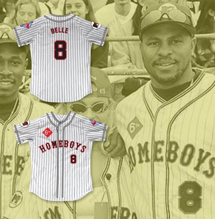 Custom Any Name Number BELLE 8 HOMEBOYS PINSTRIPED BASEBALL JERSEY 6TH ANNUAL ROCK N' JOCK SOFTBALL CHALLENGE 1995 Top Stitched S-6XL