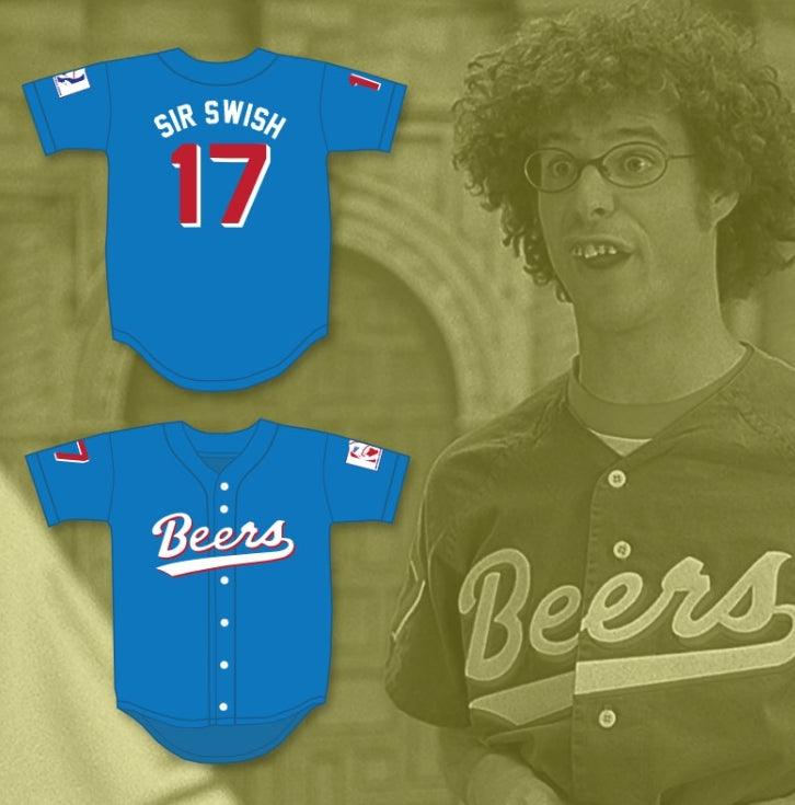 Custom Any Name Number DOUG 'SIR SWISH' REMER 17  BEERS BASEKETBALL BLUE BASEBALL JERSEY Top Stitched S-6XL