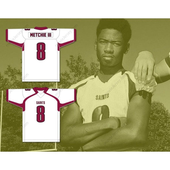 CUSTOM ANY Name Number JOHN METCHIE III 8 ST. JAMES SCHOOL SAINTS WHITE Football Jersey Top Stitched S-6XL