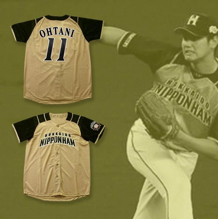 Custom Any Name Number SHOHEI OTANI 11 HOKKAIDO NIPPON-HAM FIGHTERS BUTTON DOWN TAN BASEBALL JERSEY WITH PATCH Top Stitched S-6XL